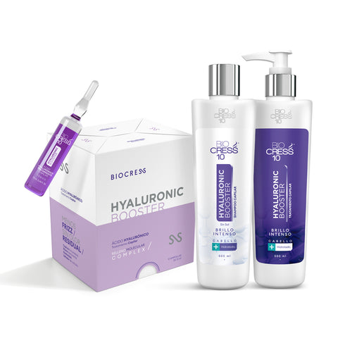 Kit Hyaluronic Booster: shampoo, tratamiento y caja de ampolla.